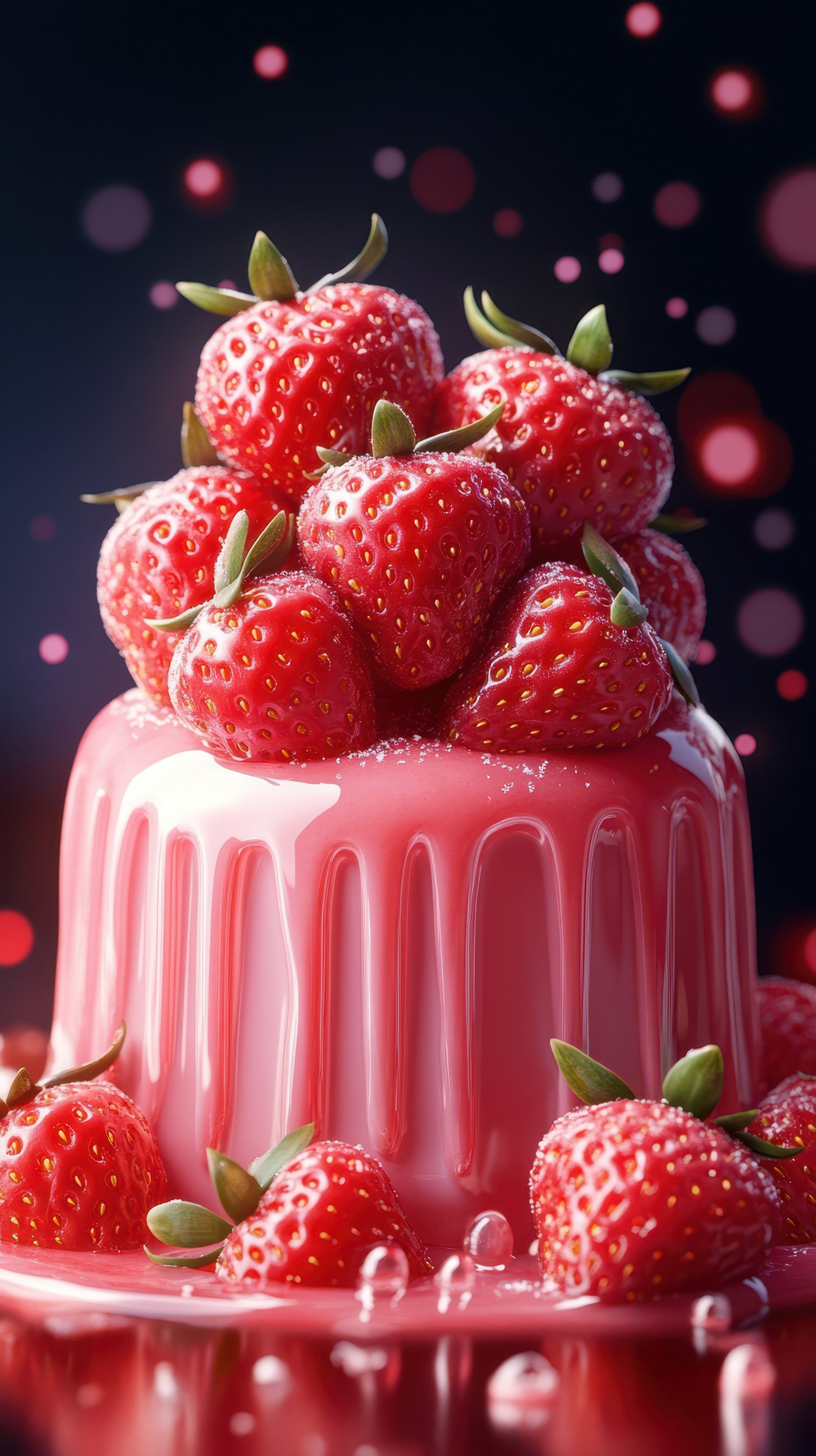 A pink cake topped with fresh strawberries is covered in a glistening strawberry glaze